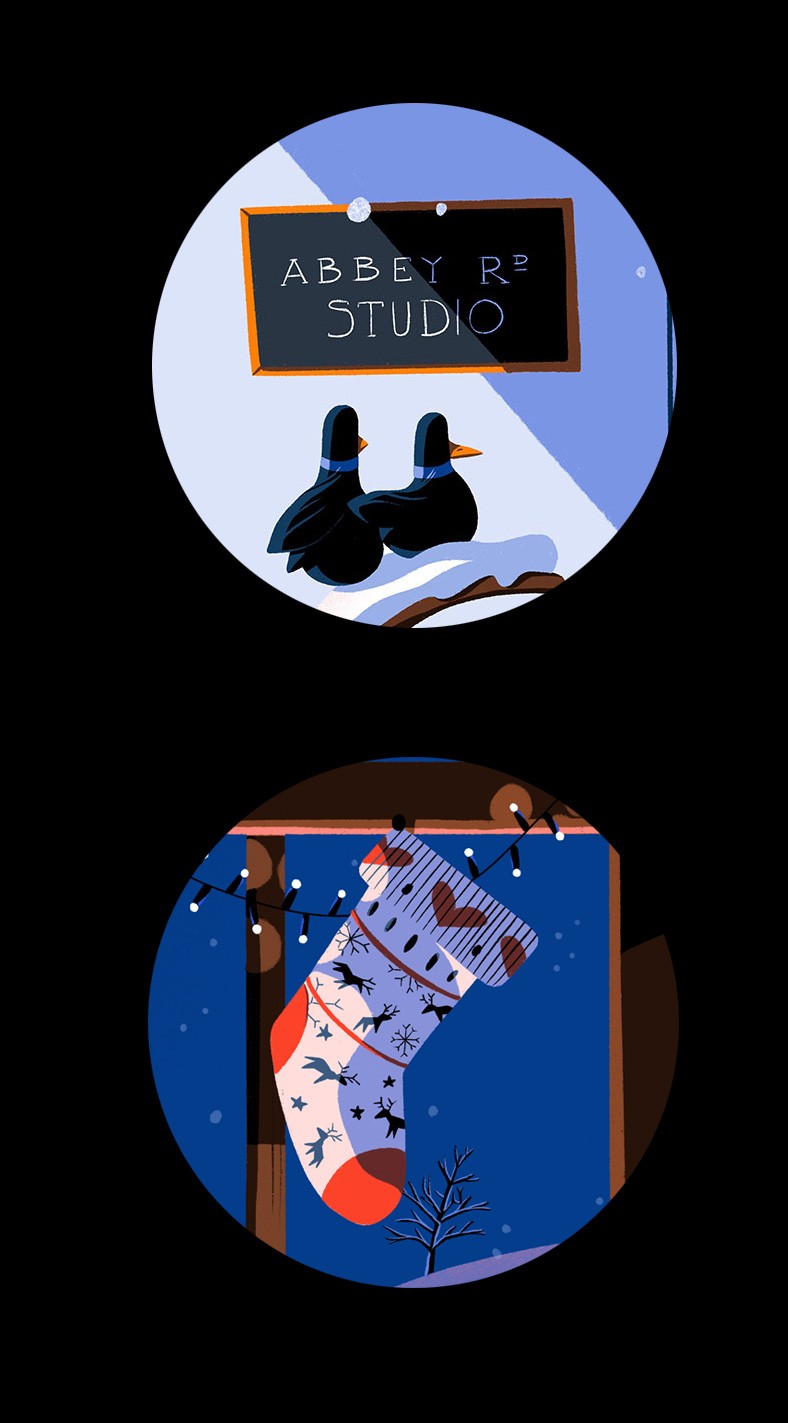 Duas imagens redondas, com o placar dos Abbey Road Studios e uma meia de natal, respetivamente.